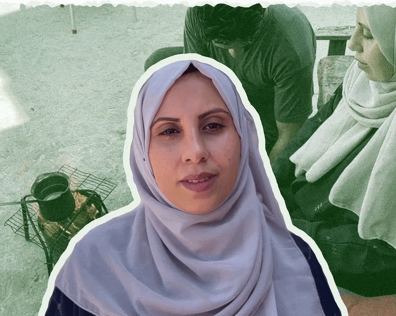 An animated image of a woman wearing a hijab, Scenes of life in Palestine are shown behind her.